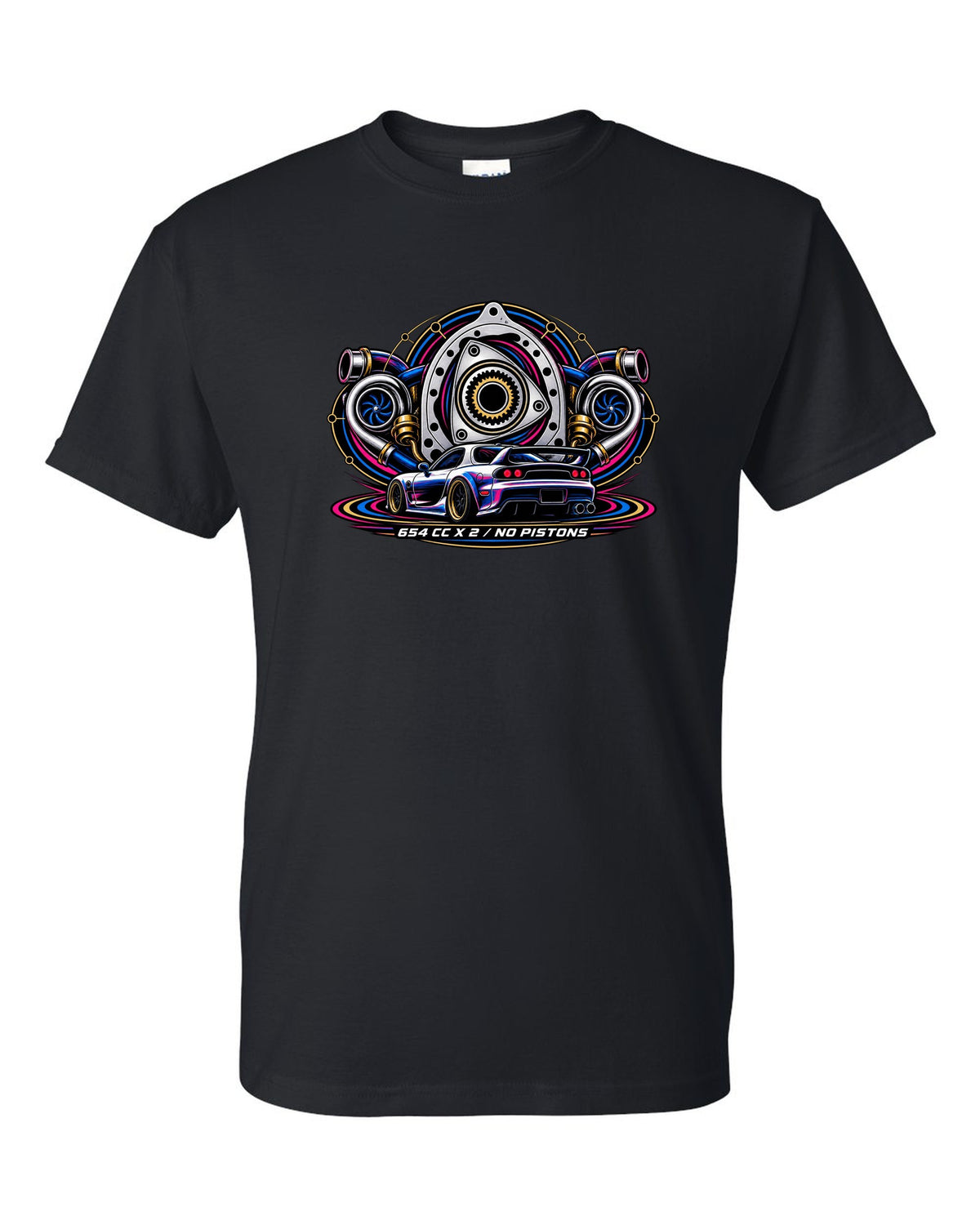 Two-colour riso style rear view print of a Mazda RX-7 FD3S with text $800, FD3S, Runs black t-shirt front view with the design