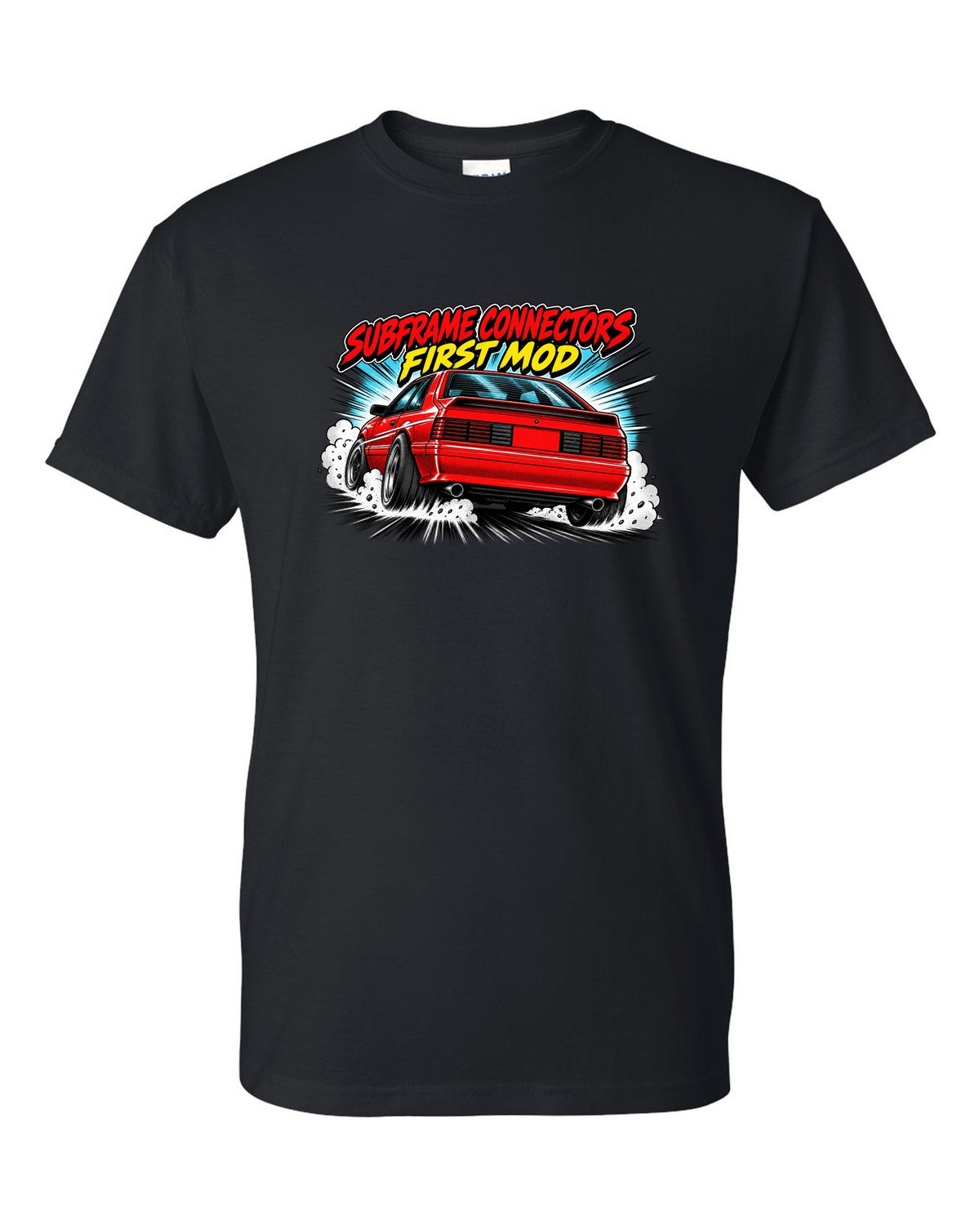Retro manga halftone panel print of a 1991 Ford Mustang Fox Body GT chback black t-shirt front view with the design