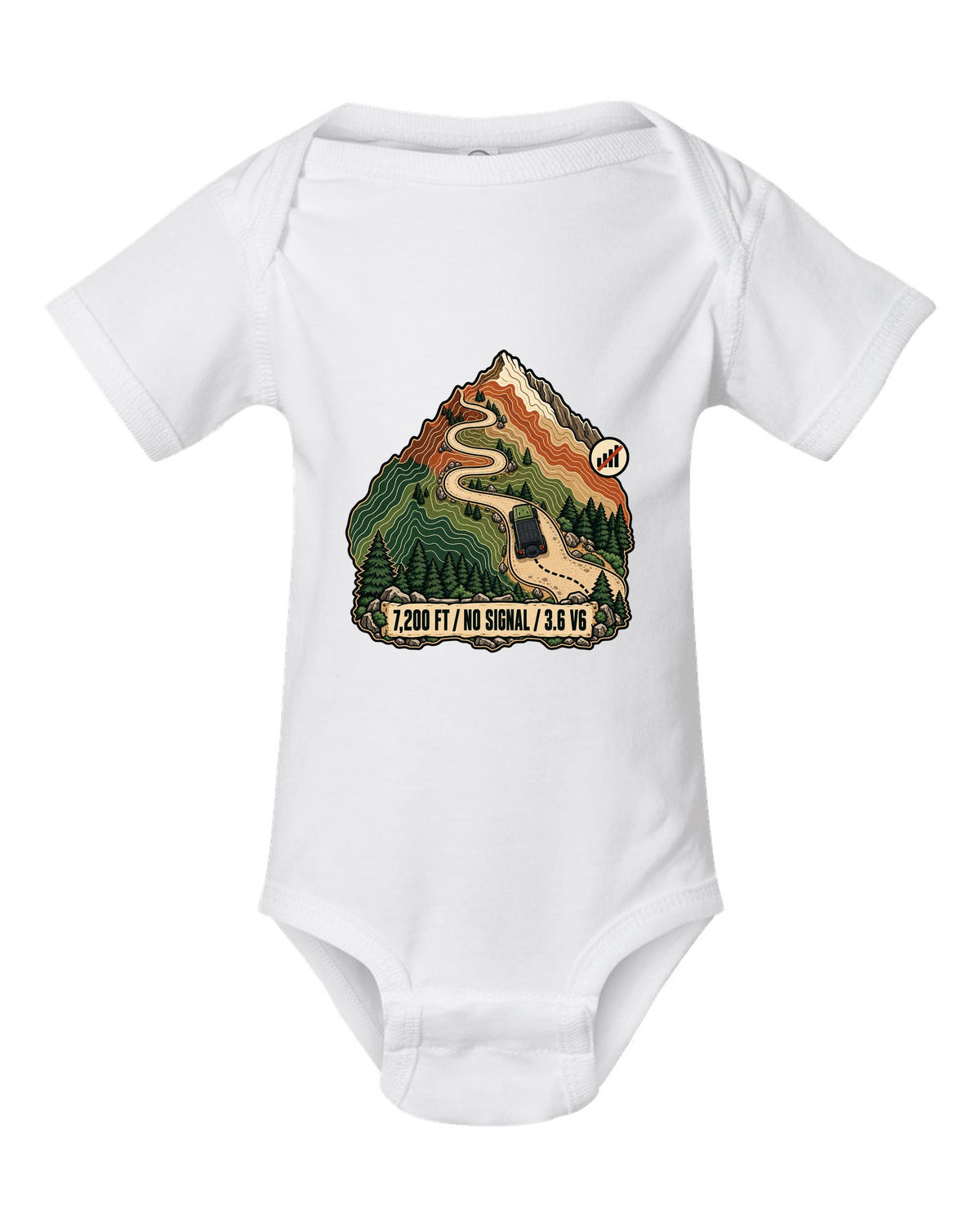 Topographic route map illustration of mountain switchbacks for a Jeep Wrangler JK with 7,200 FT NO SIGNAL 3.6 V6 lettering white baby onesie front view with the design