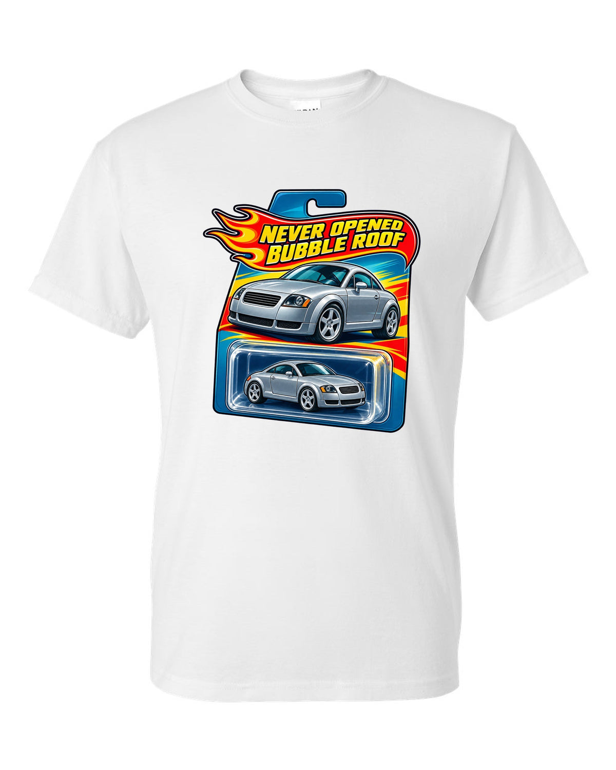 Toy blister card style print of an Audi TT 8N with Never Opened text white t-shirt front view with the design