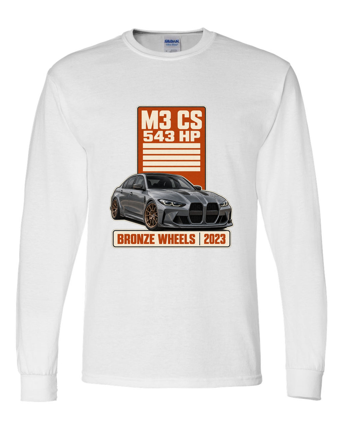 BMW M3 CS G80 spec poster print with 543 hp and bronze wheels text white long sleeve front view with the design