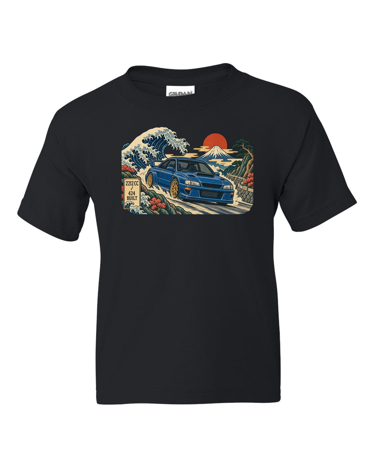 Ukiyo-e woodblock style Subaru Impreza 22B STI in front of a wave black kids tee front view with the design