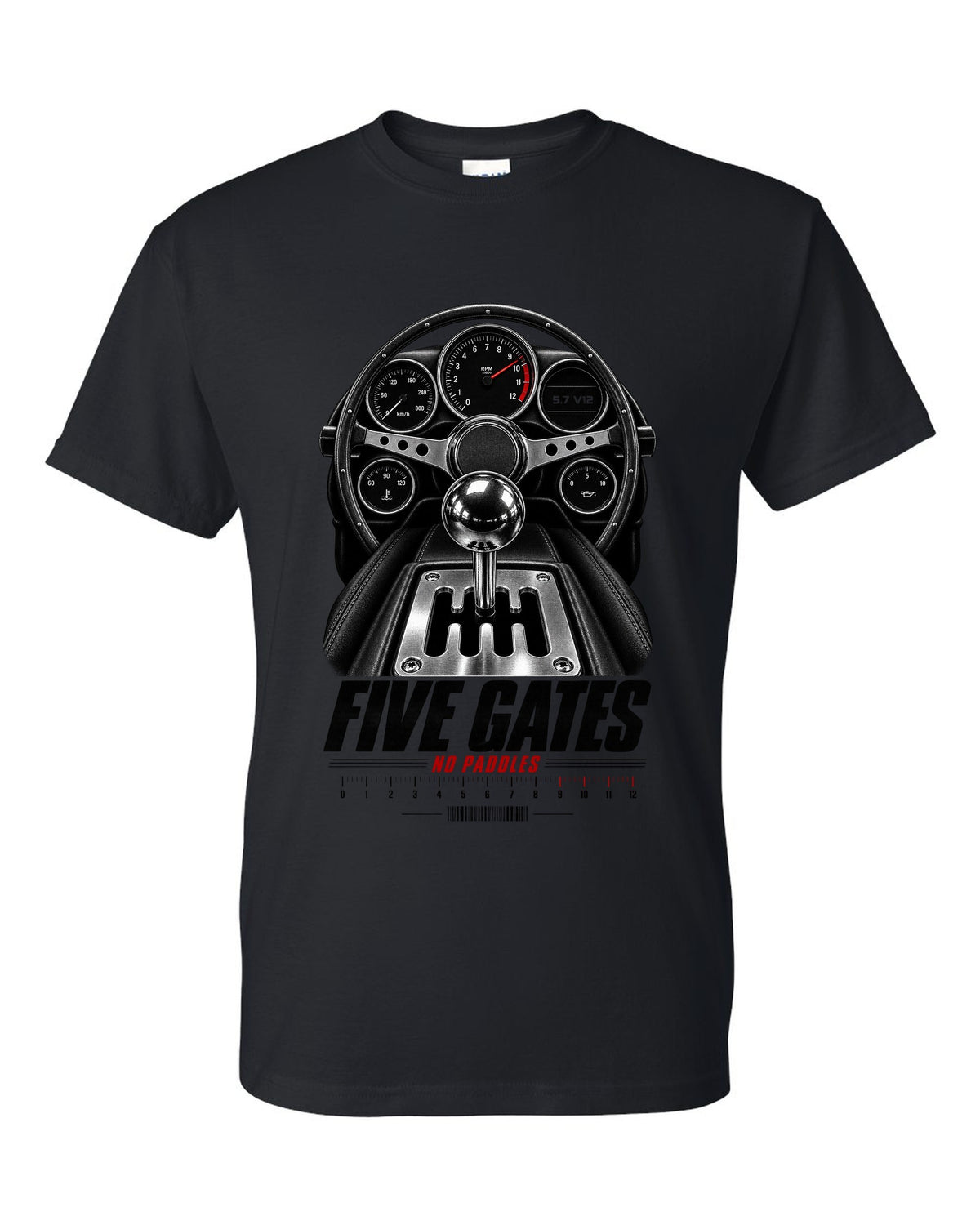 print of a Lamborghini Diablo cockpit with gated five-speed shifter and 5.7 V12 text black t-shirt front view with the design