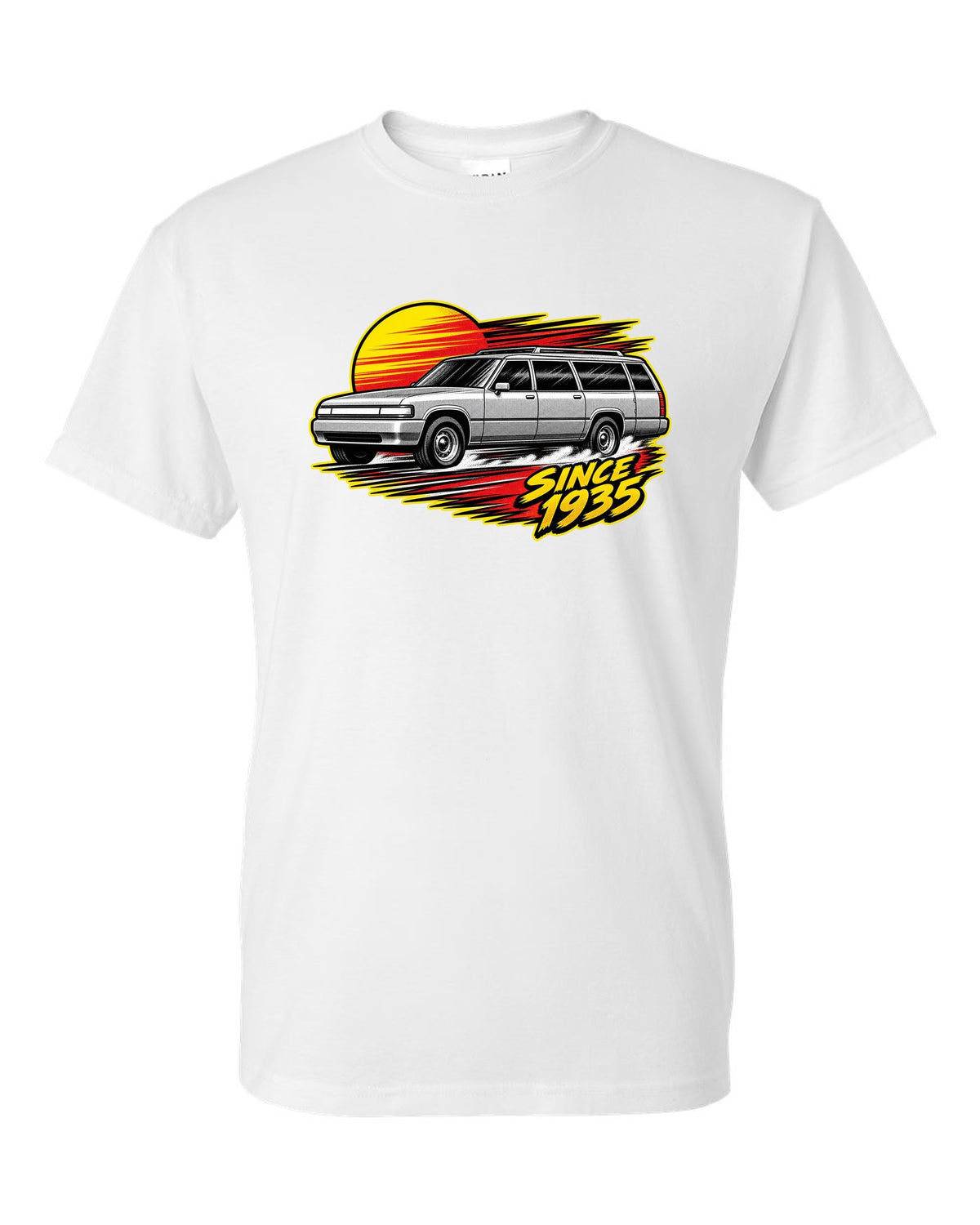 Retro manga halftone panel print of a 1992-1999 Chevrolet Suburban GMT400 with Since 1935 text white t-shirt front view with the design
