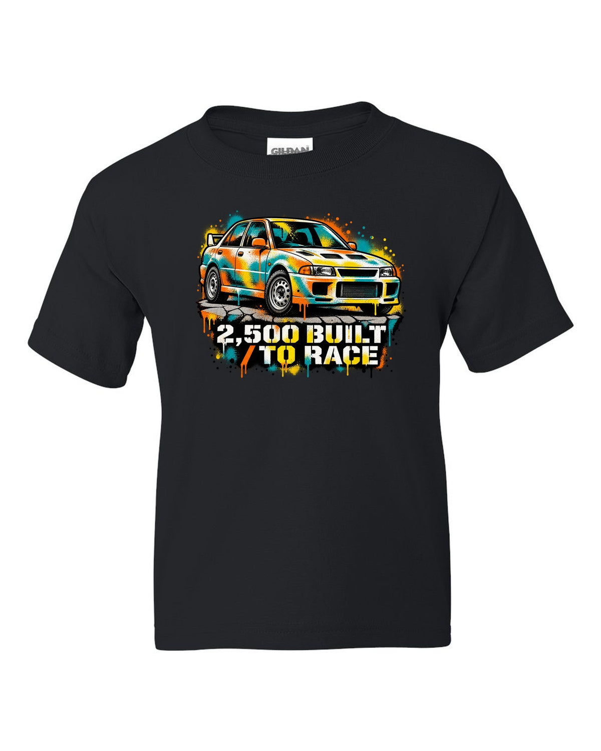 Spray-paint stencil of a Mitsubishi Lancer Evolution I CD9A with 2,500 built text black kids tee front view with the design