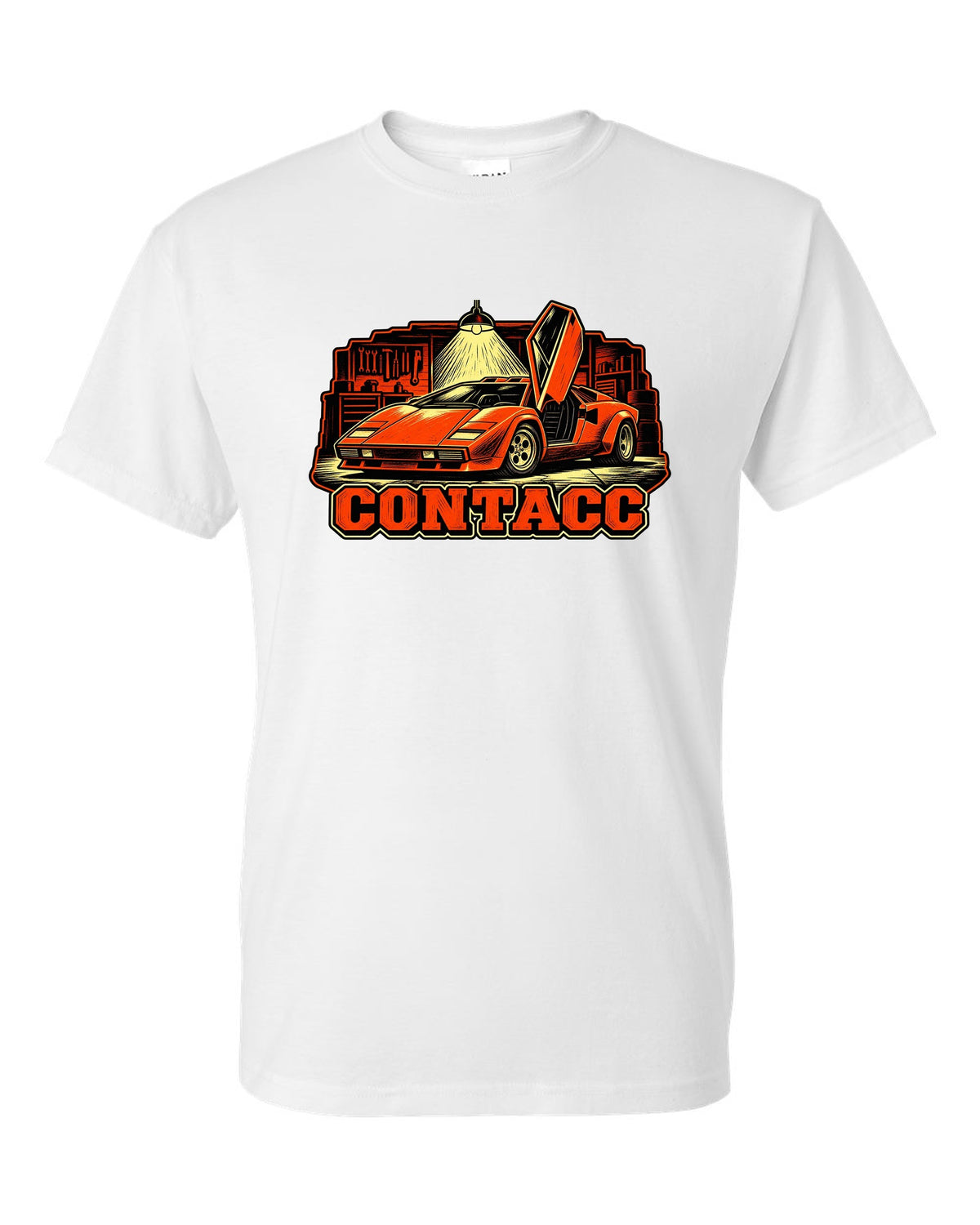 Linocut woodcut print of a 1974 Lamborghini Countach LP400 in a garage under one bulb white t-shirt front view with the design