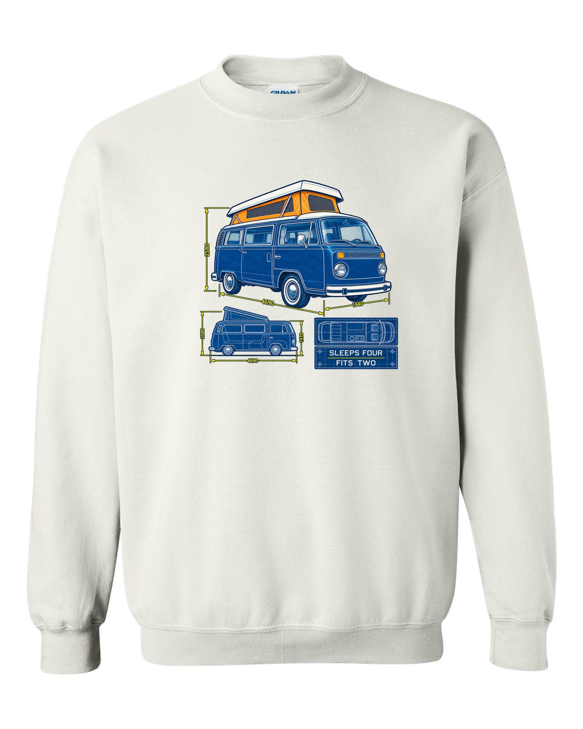 Cyanotype negative blueprint of a VW Bay Window T2 camper with sleeps four fits two text white crewneck front view with the design