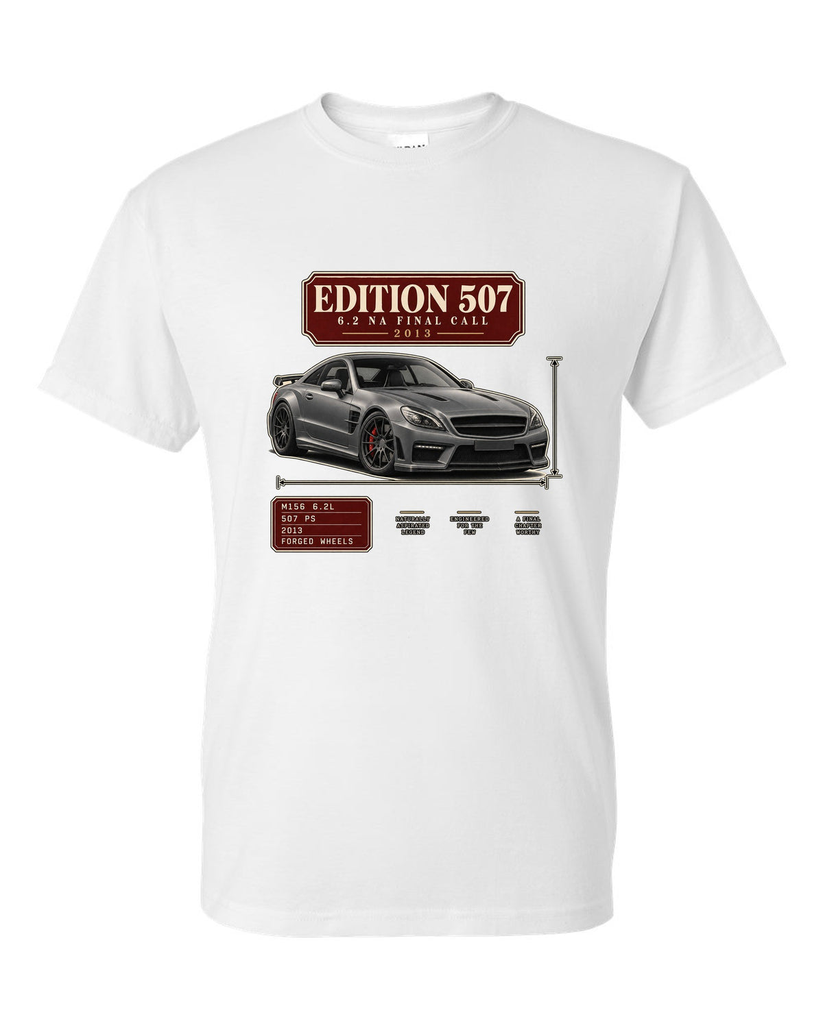Archive panel print of a matte grey Mercedes-AMG C63 Edition 507 C204 white t-shirt front view with the design