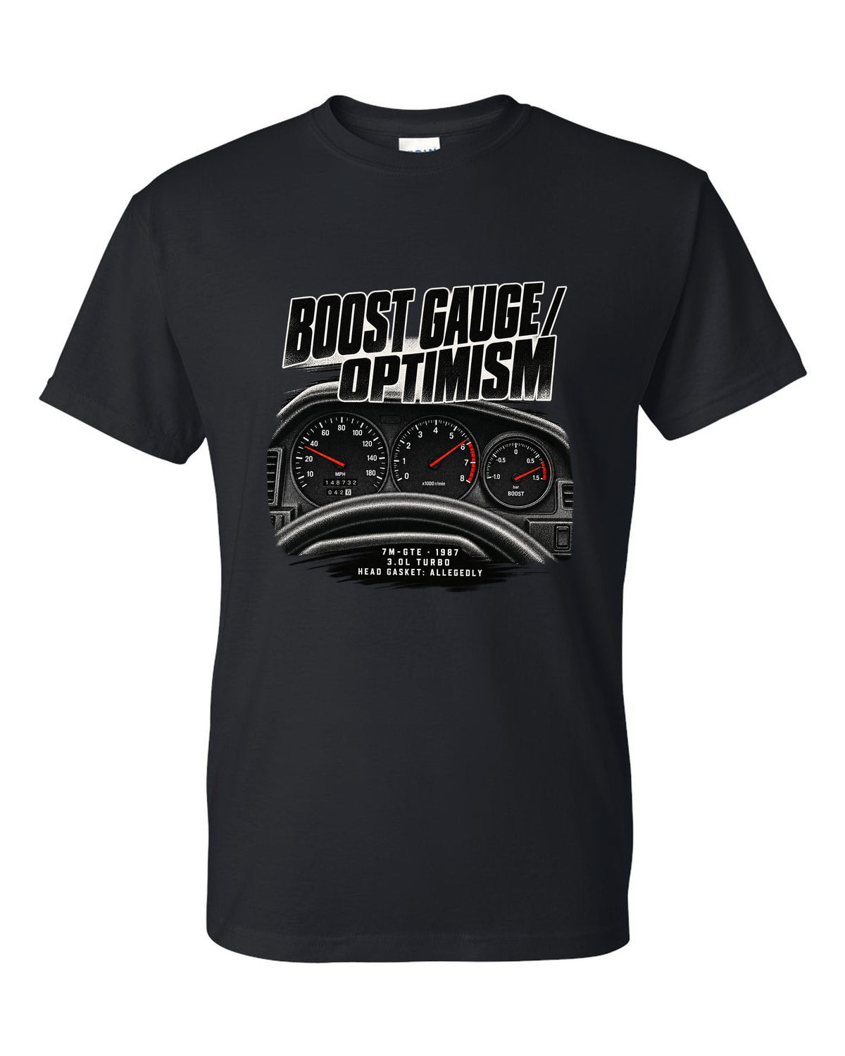Cockpit gauge print for a Toyota Supra A70 MA70 with the text Boost Gauge Optimism 7M-GTE 1987 black t-shirt front view with the design