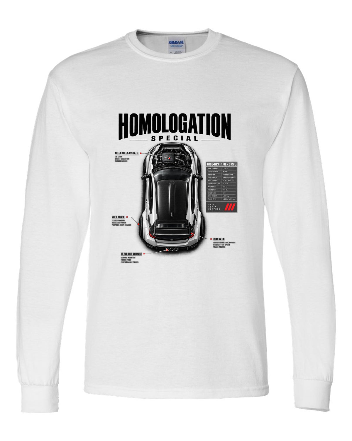 Spec poster style print of a Toyota GR Yaris with G16E-GTS 1.6L 3 cylinder text white long sleeve front view with the design