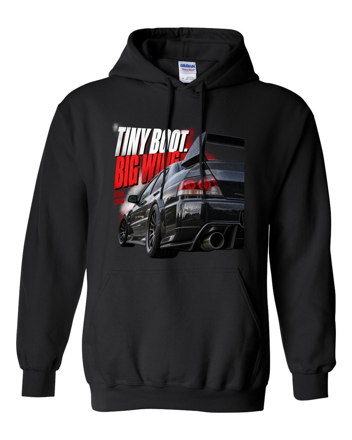 Tail macro print for the Mitsubishi Lancer Evolution IX CT9A reading Tiny Boot, Big Wing, CT9A, 2006 black pull over hoodie front view with the design