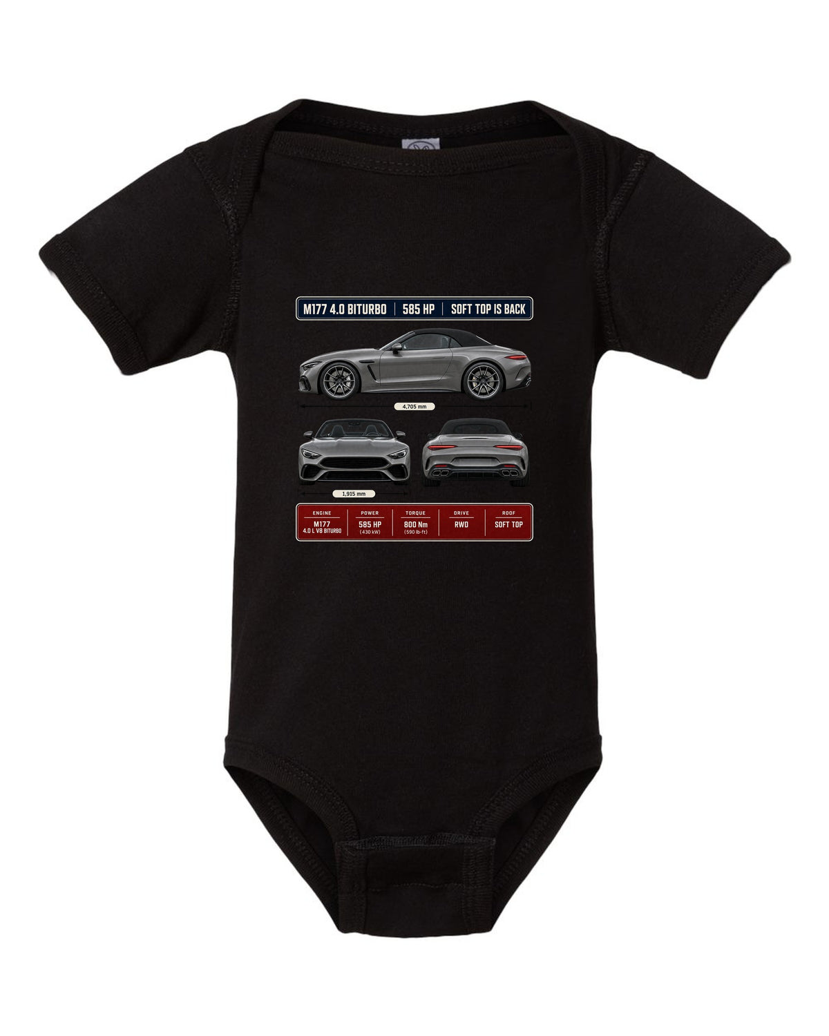 Mercedes-AMG SL63 R232 Three-View Spec black baby onesie front view with the design