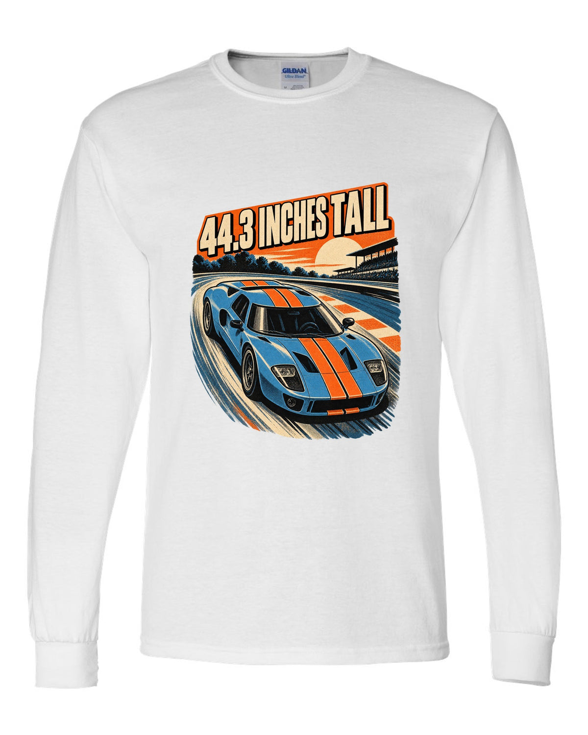 Ford GT 2005 overhead in a retro 1960s Le Mans poster print white long sleeve front view with the design