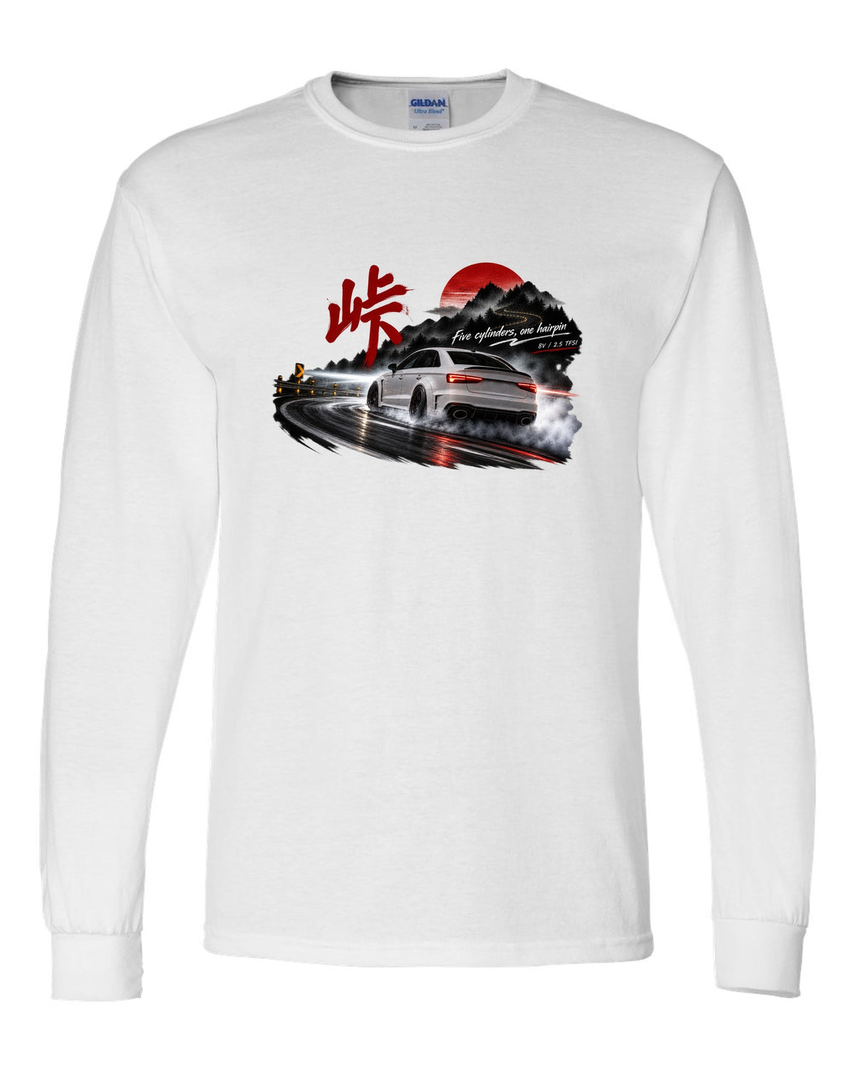 Audi RS3 8V sedan rear three-quarter sliding at night with touge kanji white long sleeve front view with the design