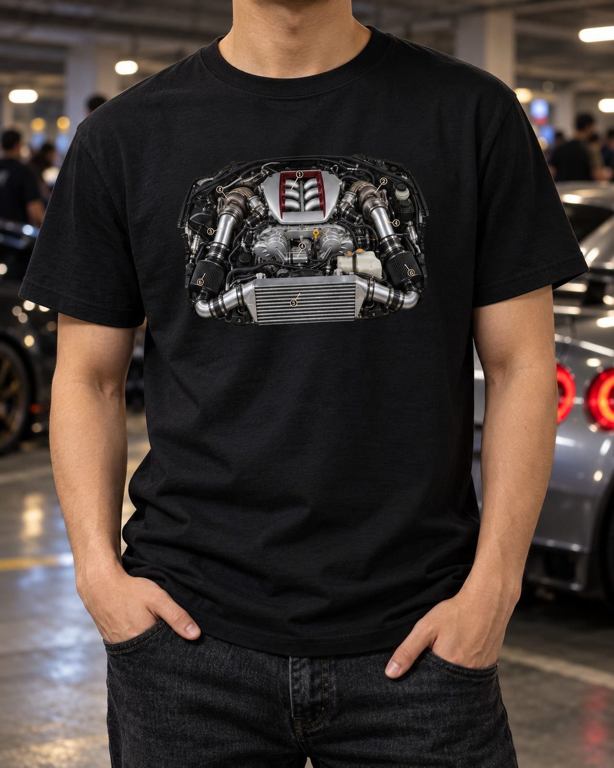 R35 GT-R VR38DETT Engine Hero Shirt, Built by Hand, Signed Plate T-Shirt Black worn hero