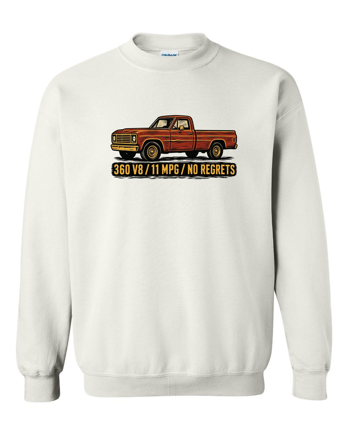 Dent-Side Ford F-150 1973-79 Crease Linocut white crewneck front view with the design
