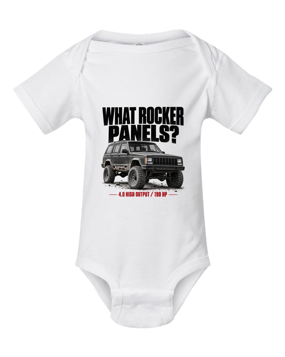 Jeep Cherokee XJ halftone print with 4.0 High Output 190 HP text white baby onesie front view with the design