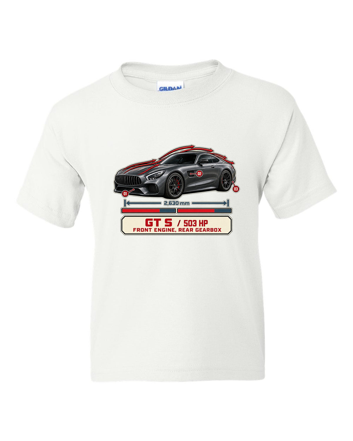 Mercedes-AMG GT S C190 aero cutaway callouts print white kids tee front view with the design
