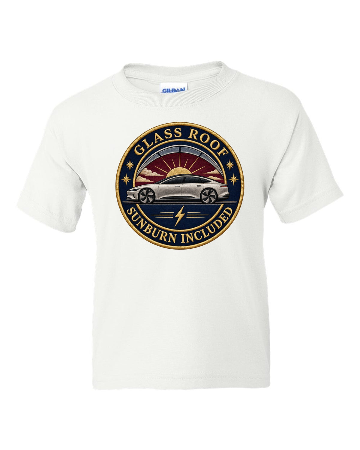 Lucid Air Sapphire round embroidery-style crest print with the text glass roof sunburn included white kids tee front view with the design