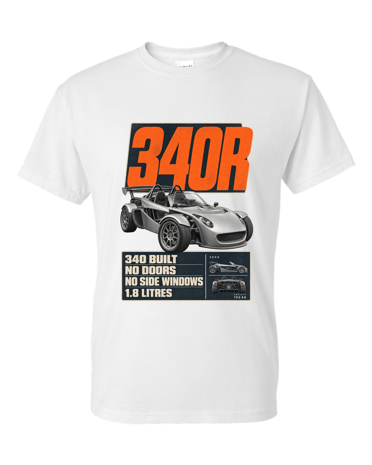 Lotus Elise 340R doorless roadster editorial headline print design white t-shirt front view with the design