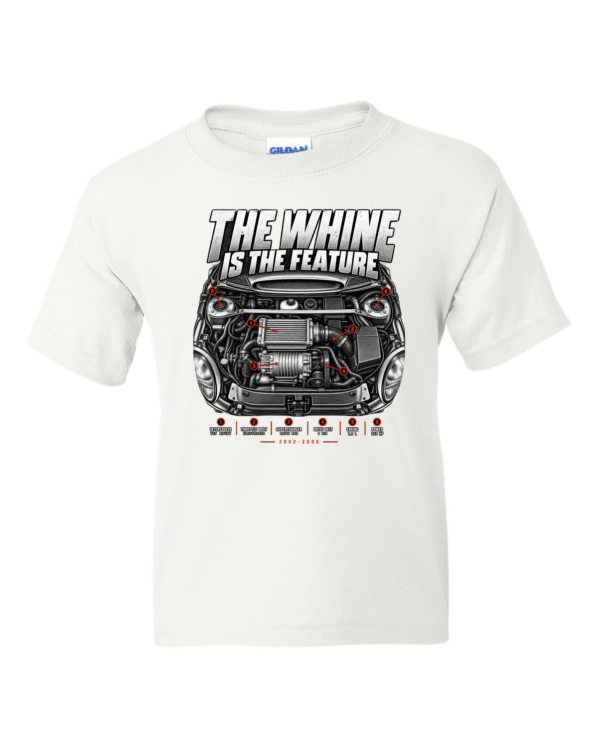 Mini Cooper S R53 engine bay print with supercharger callouts and whine text white kids tee front view with the design