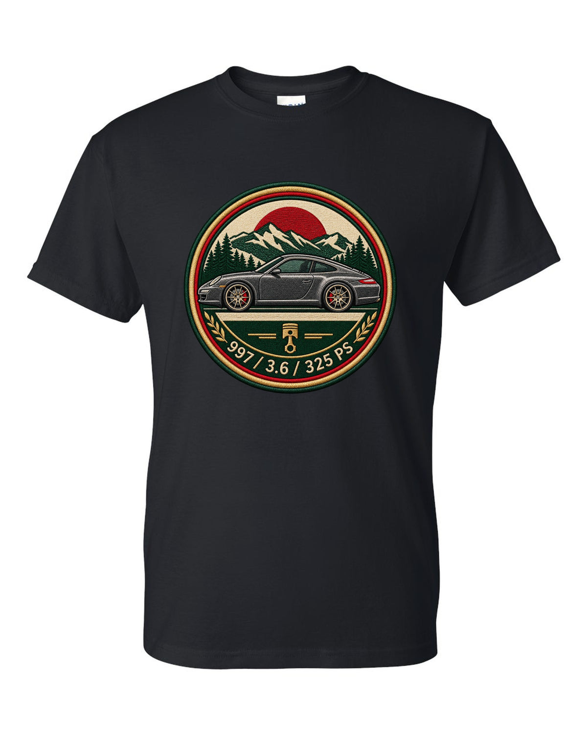 Round crest print of a Porsche 911 996 with the text 996, 3.4 and 300 PS black t-shirt front view with the design
