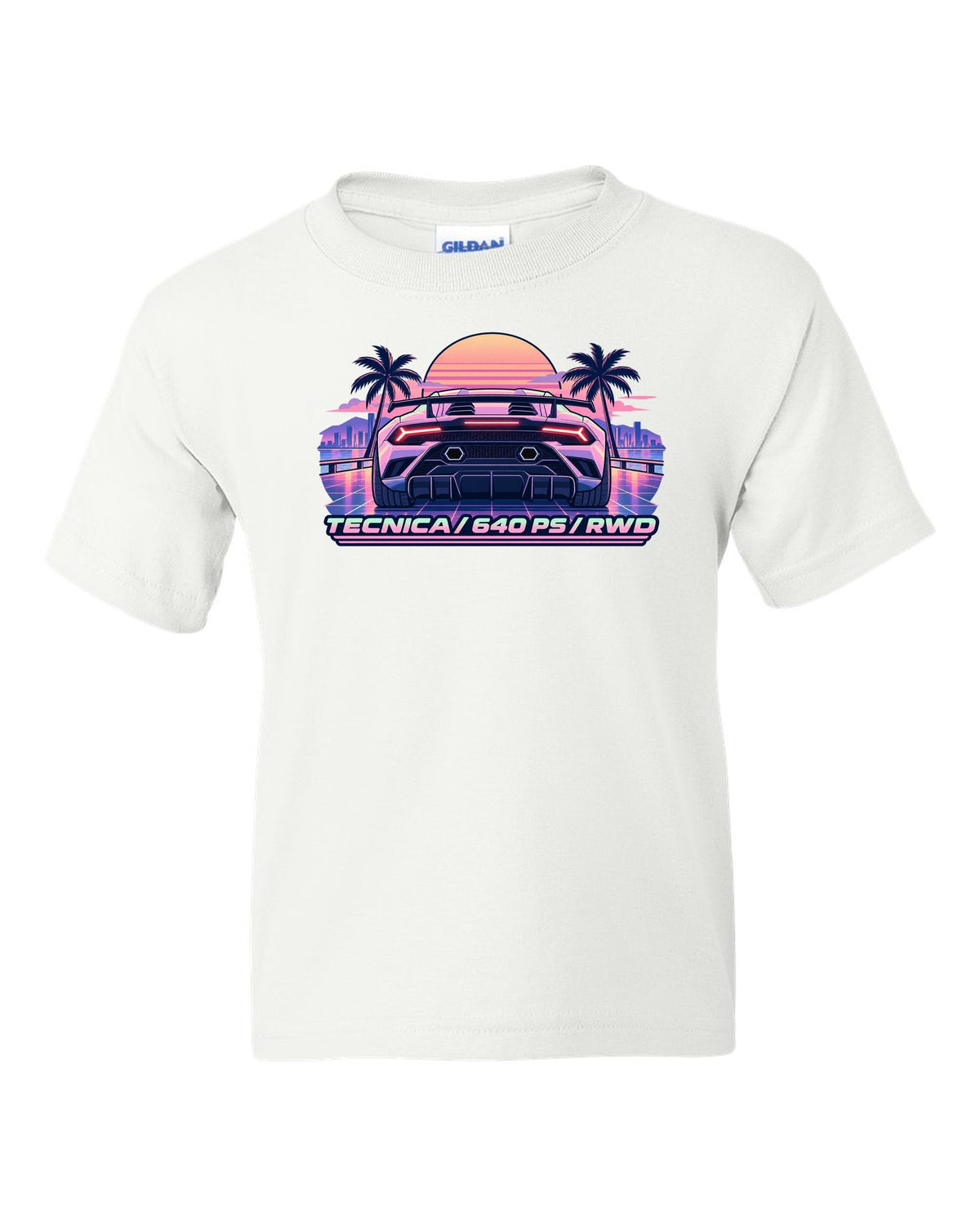 Vaporwave pastel taillight grid of a Lamborghini Huracan Tecnica LP640-2 with text TECNICA / 640 PS / RWD white kids tee front view with the design