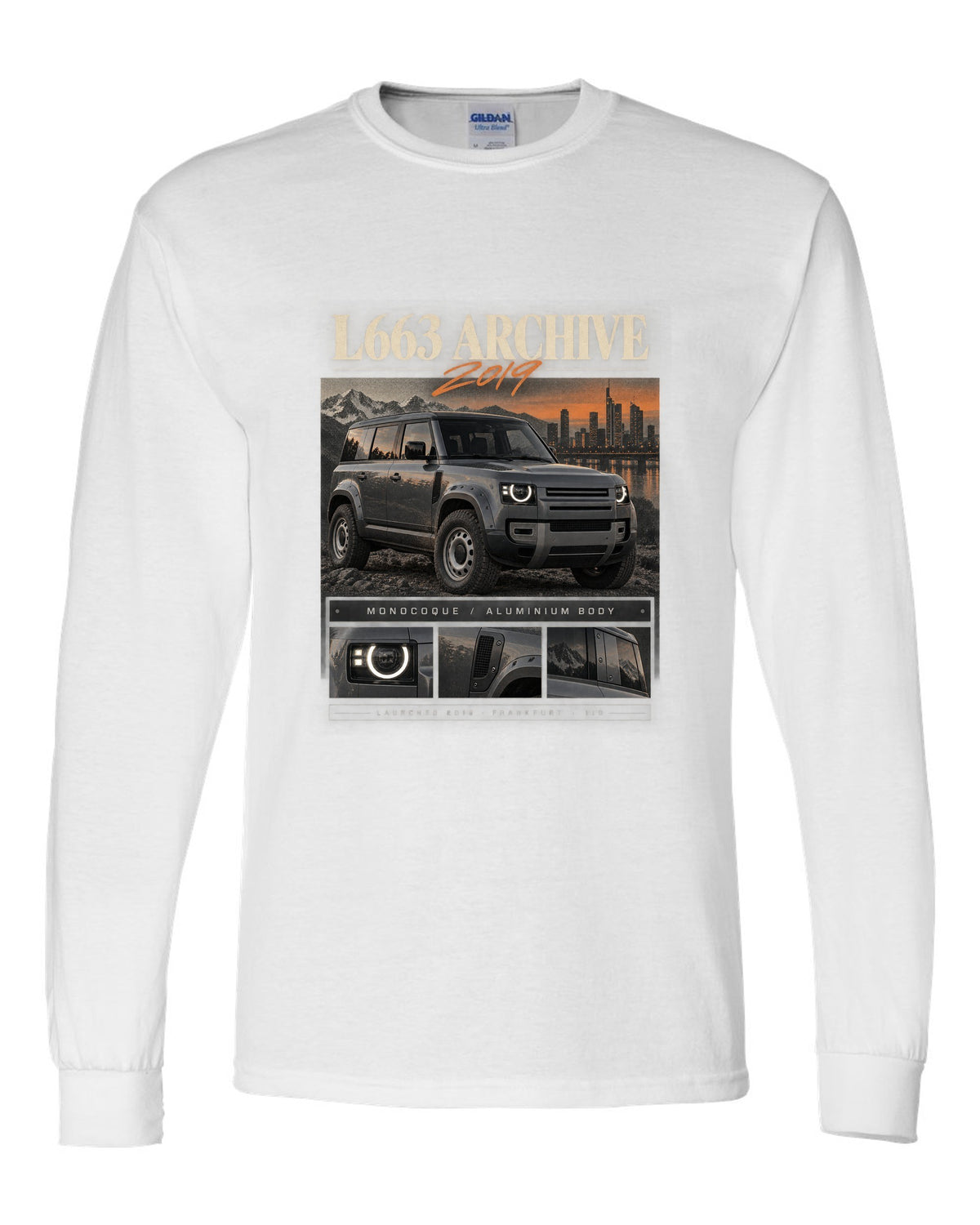 Land Rover Defender L663 110 archive panel print with 2019 Frankfurt text white long sleeve front view with the design