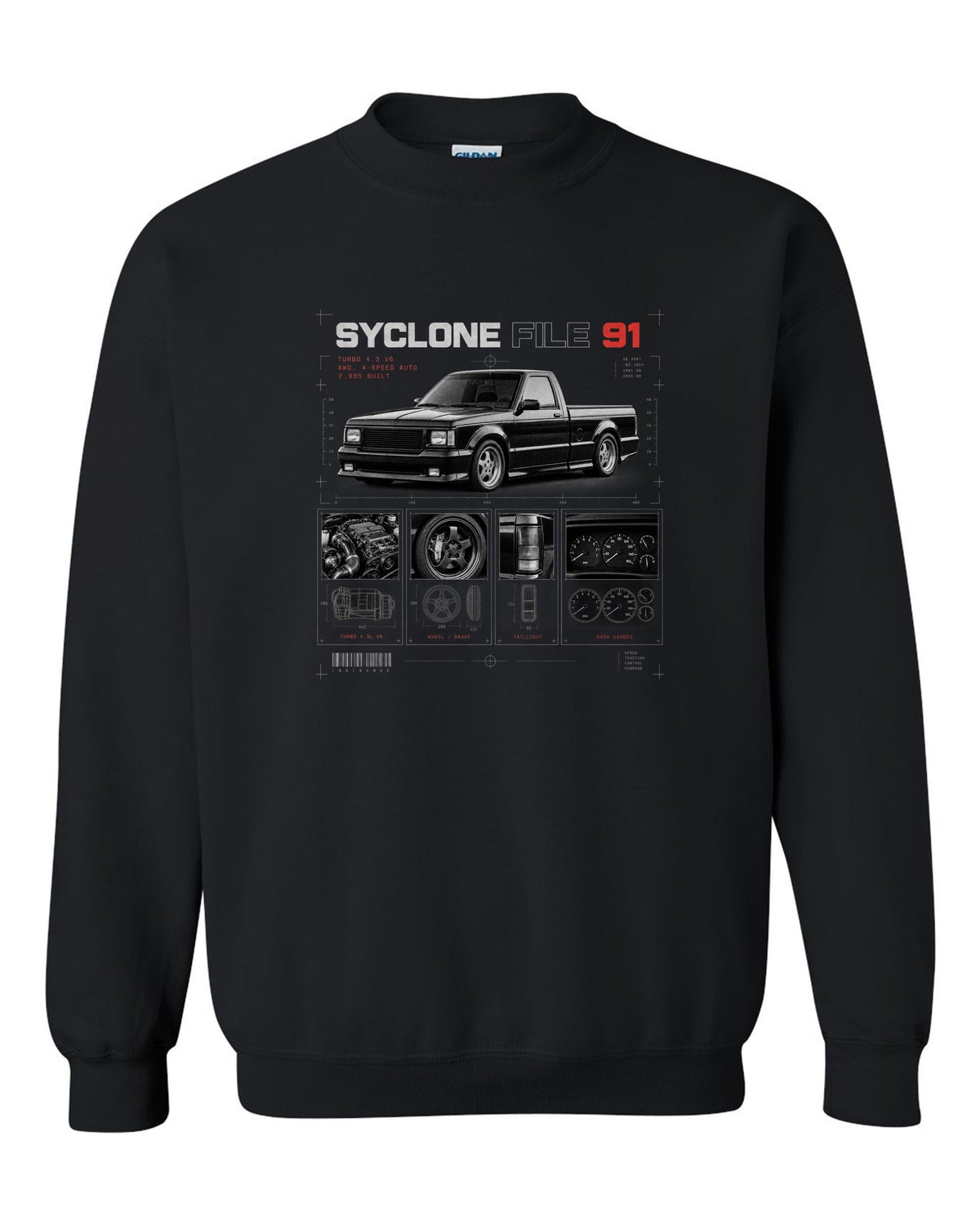 Dossier panel print of a 1991 GMC Syclone with turbo 4.3 V6 and 2,995 built text black crewneck front view with the design
