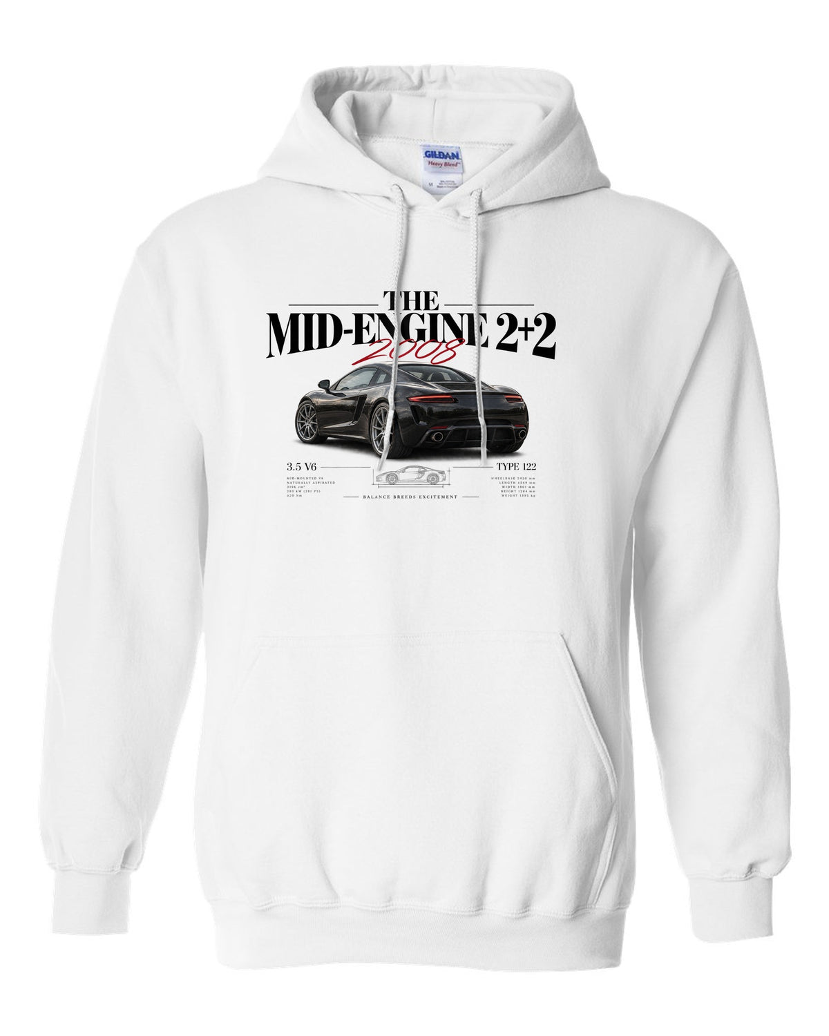 Editorial headline print of a 2008 Lotus Evora Type 122 about the mid-engine 2+2 white pull over hoodie front view with the design