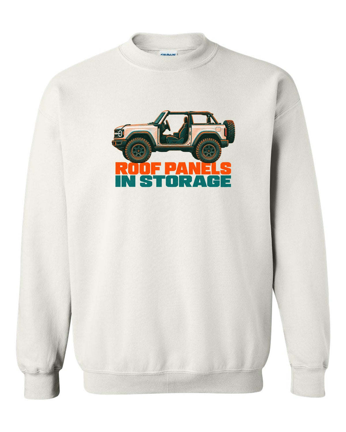 Risograph two-colour print of the Ford Bronco two-door U725 with roof panels in storage text white crewneck front view with the design