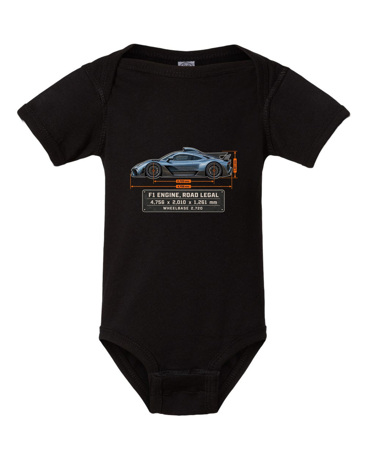 Mercedes-AMG One Dimension Blueprint black baby onesie front view with the design