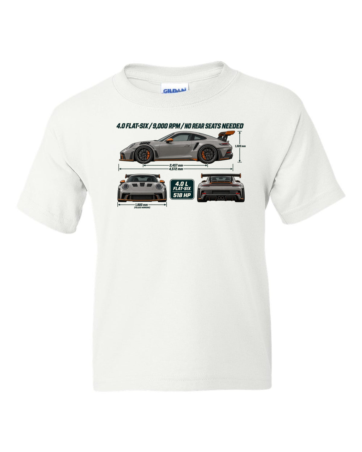 Three-view drawing and spec table of a Porsche 911 GT3 RS 992 in warm grey white kids tee front view with the design