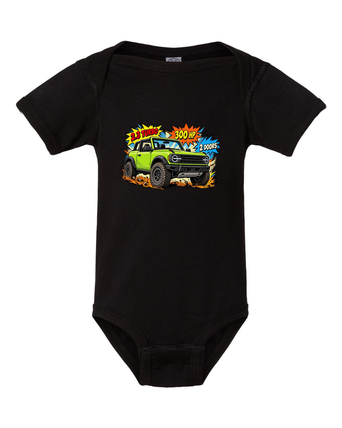 Comic halftone pop-art of a 2021 Ford Bronco 2-door with round headlights and 2.3 TURBO 300 HP lettering black baby onesie front view with the design