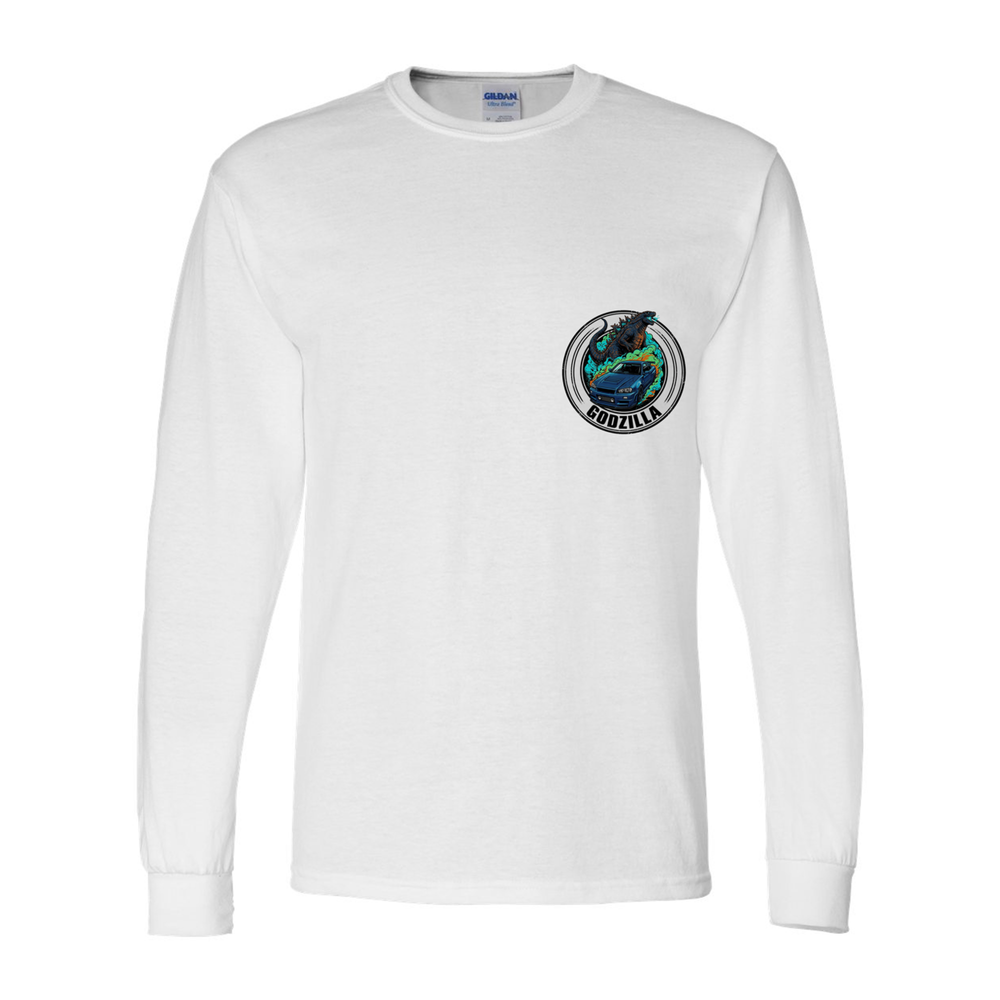 Nissan GT-R R34 Godzilla Long Sleeve T-Shirt — White front emblem