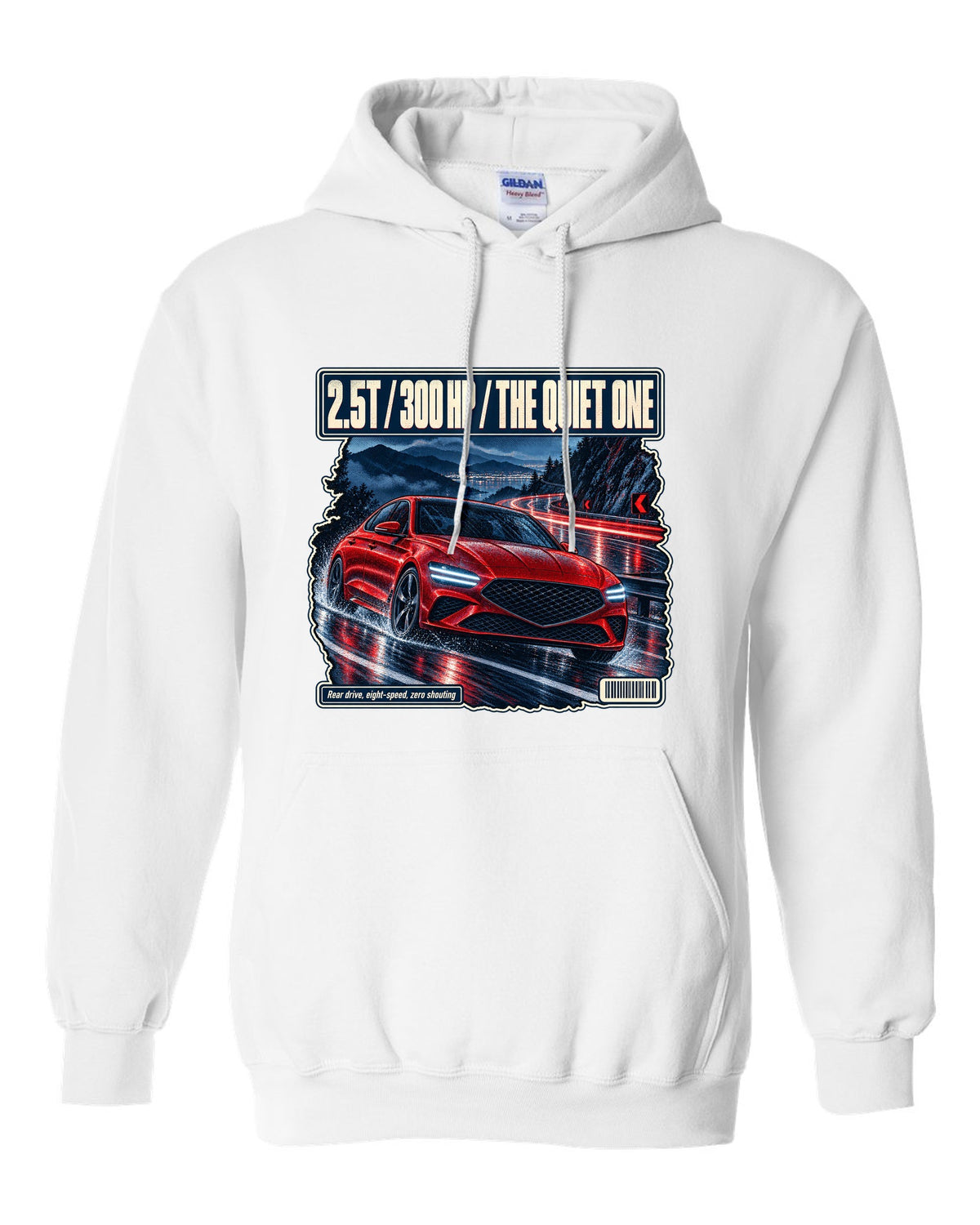 Night touge print of the Genesis G70 with 2.5T 300 HP lettering white pull over hoodie front view with the design