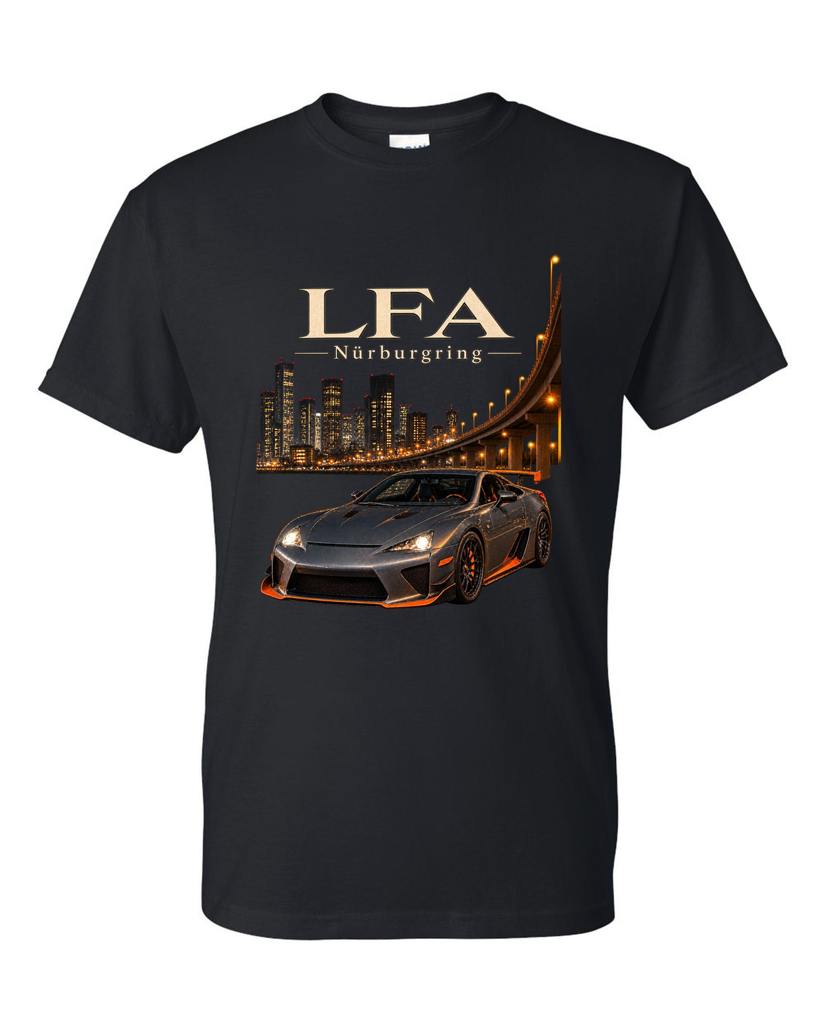 Digital cockpit and gauge view of the Lexus LFA black t-shirt front view with the design