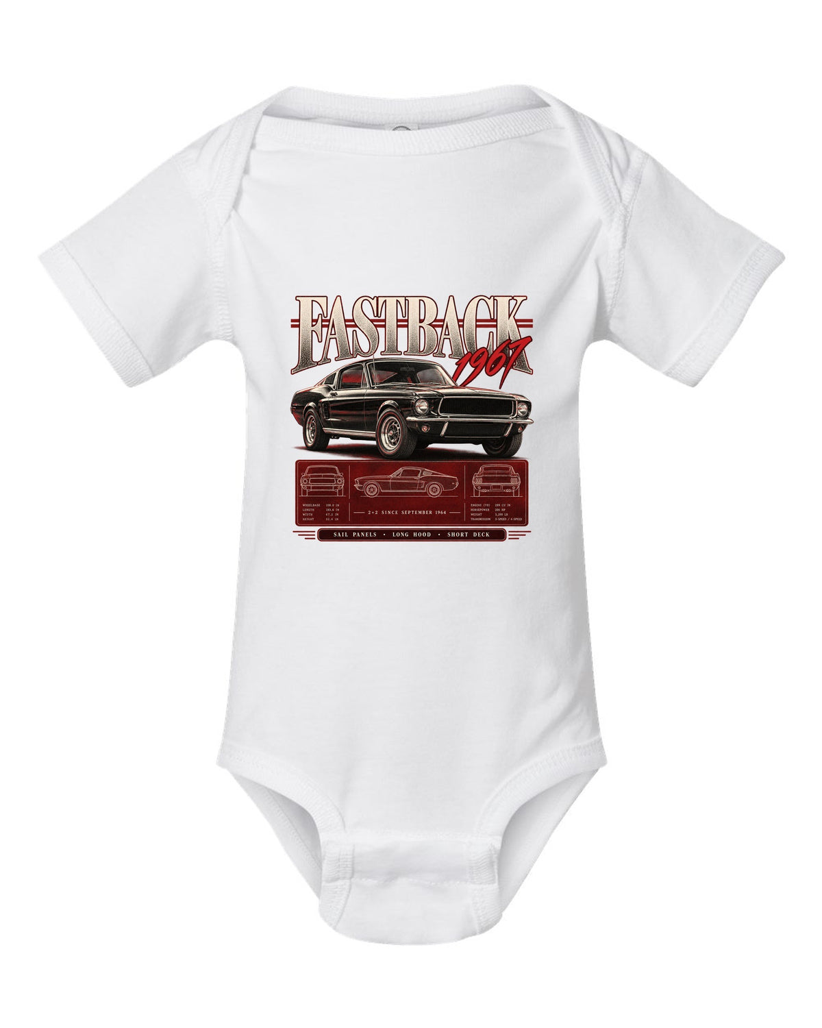 Archive panel illustration of a 1967 Ford Mustang fastback 2+2 with sail panel callouts white baby onesie front view with the design