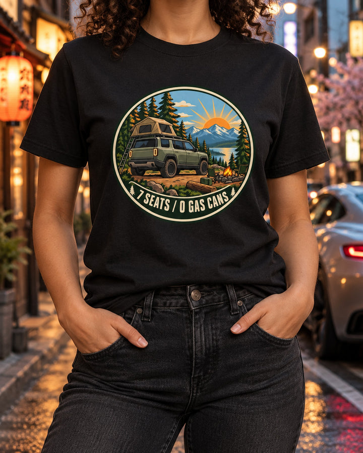 Rivian R1S Campsite at Dawn Trail Badge Shirt, EV Gift T-Shirt Black worn hero