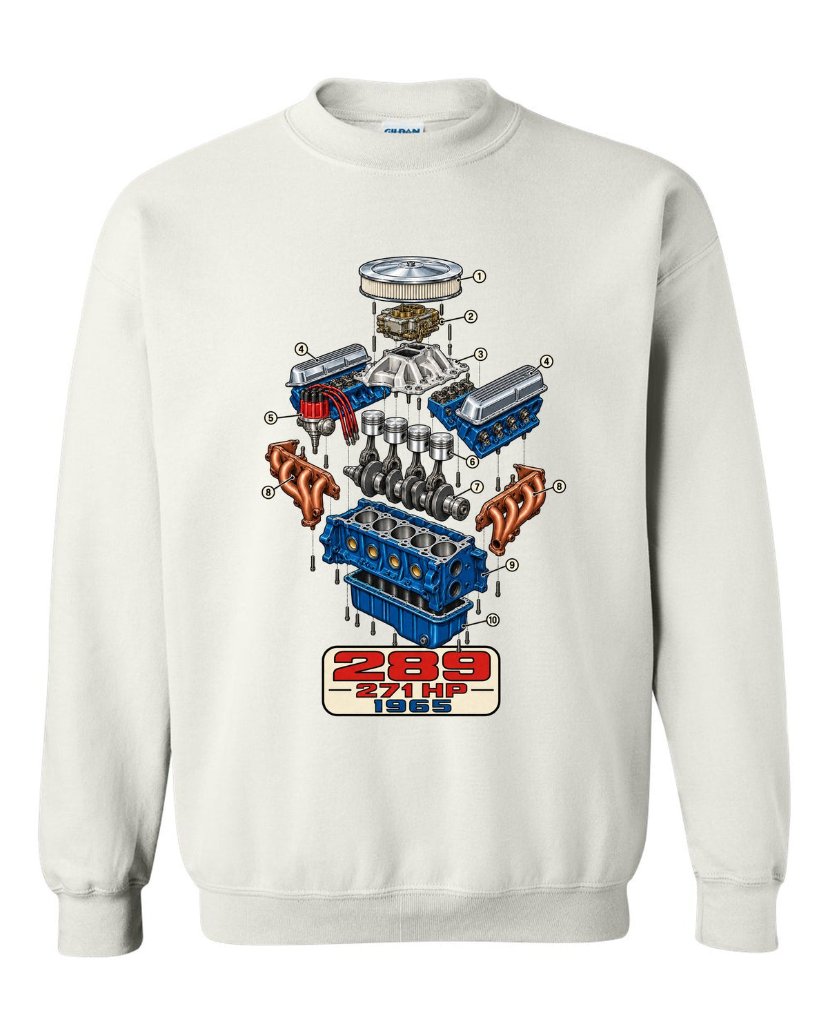 Cutaway exploded engine view print of a 1965 Ford Mustang 289 V8 white crewneck front view with the design