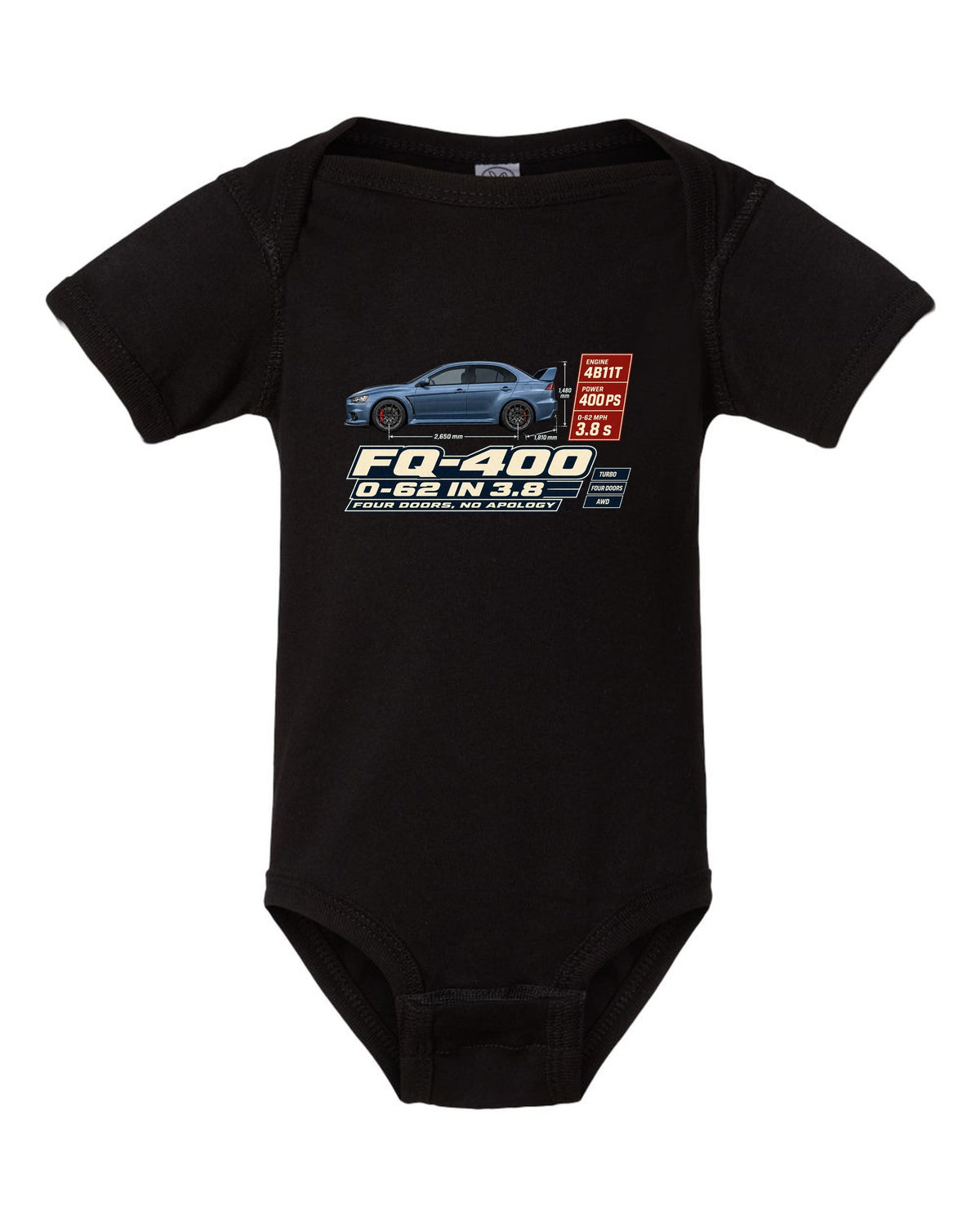 Evo X FQ-400 Spec Poster Tee, 0-62 in 3.8, Four Doors black baby onesie front view with the design