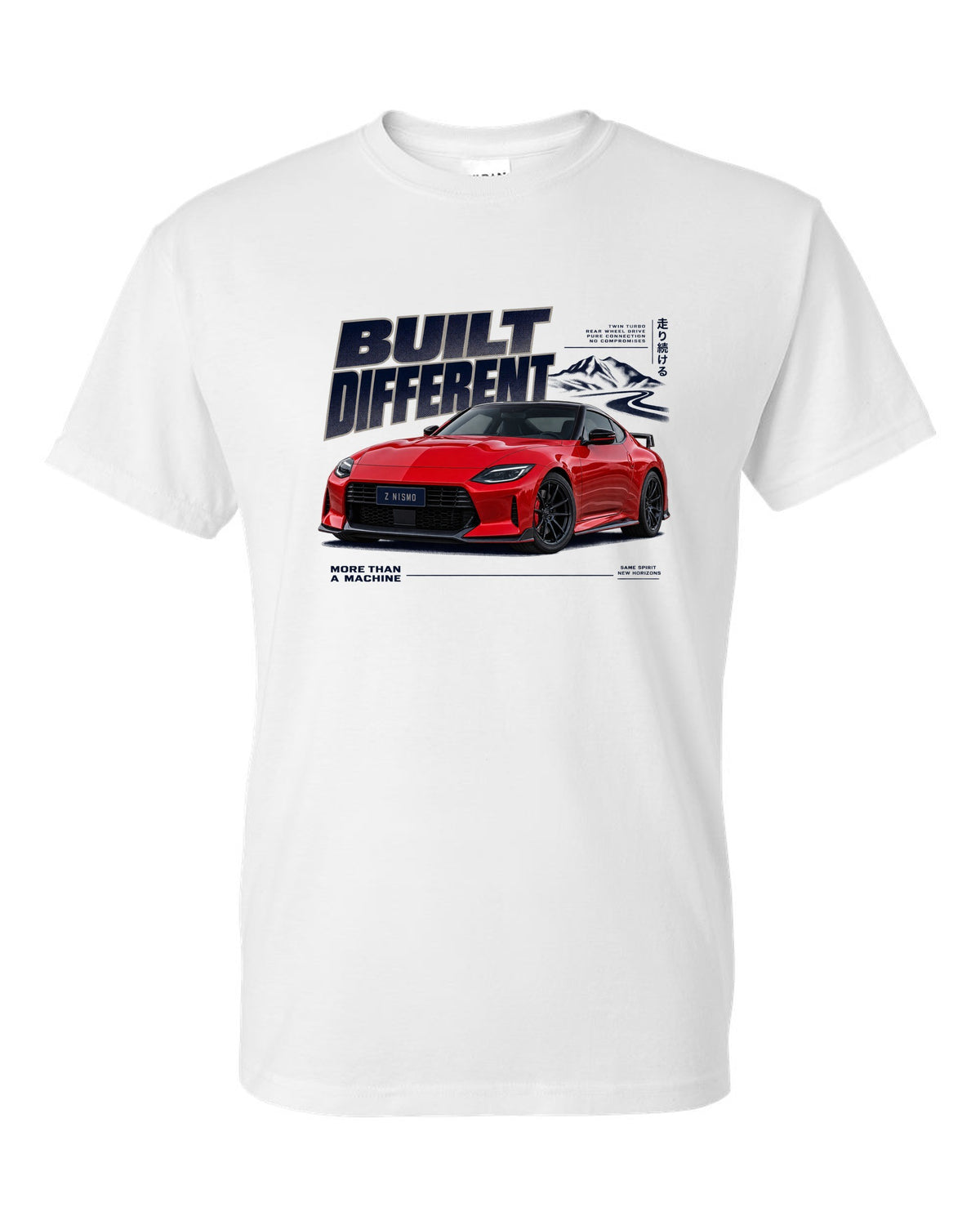 Dossier panels for a 2024 Nissan Z NISMO RZ34 in graphite and rust white t-shirt front view with the design