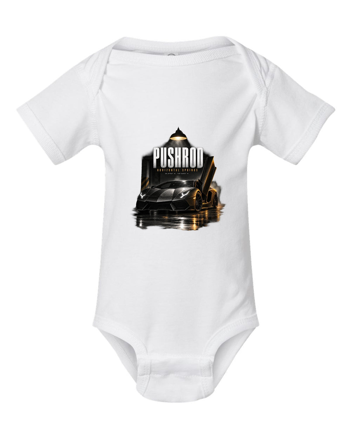 Garage night print of a Lamborghini Aventador S LP740-4 with Pushrod and Horizontal Springs text white baby onesie front view with the design