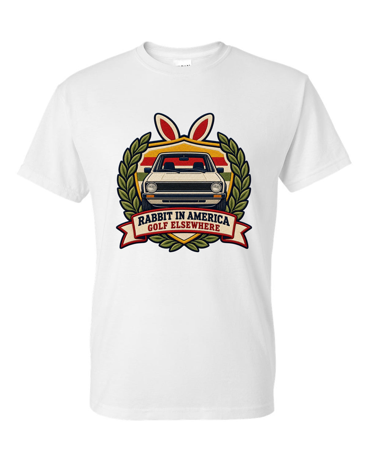 Varsity crest print of a VW Golf Mk1 Rabbit with Golf elsewhere text white t-shirt front view with the design