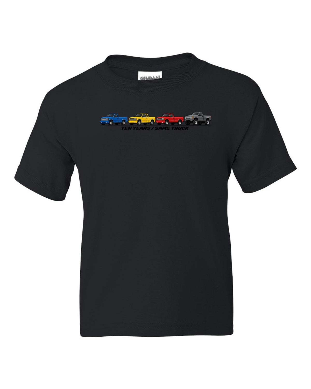 Generation lineup print of 1988-98 Chevrolet GMT400 C1500 K1500 OBS trucks with ten years same truck lettering black kids tee front view with the design