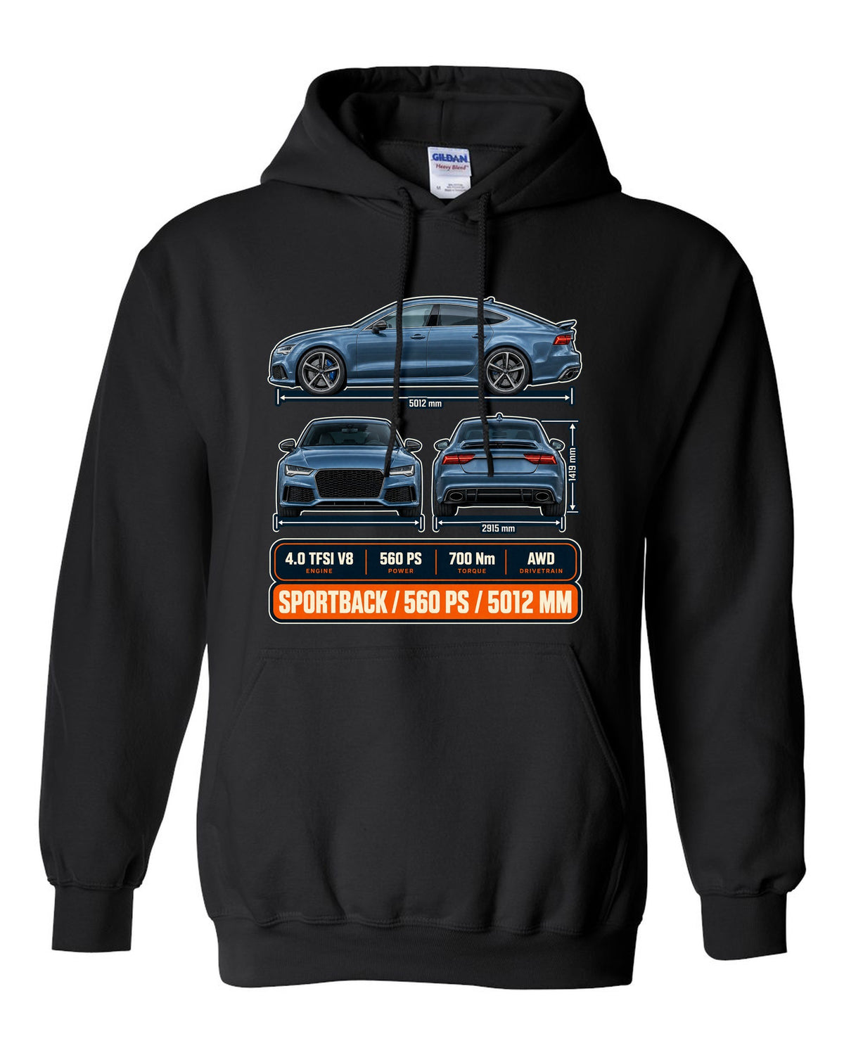 Audi RS7 Sportback C7 three-view drawing in graphite-blue print with 560 PS black pull over hoodie front view with the design
