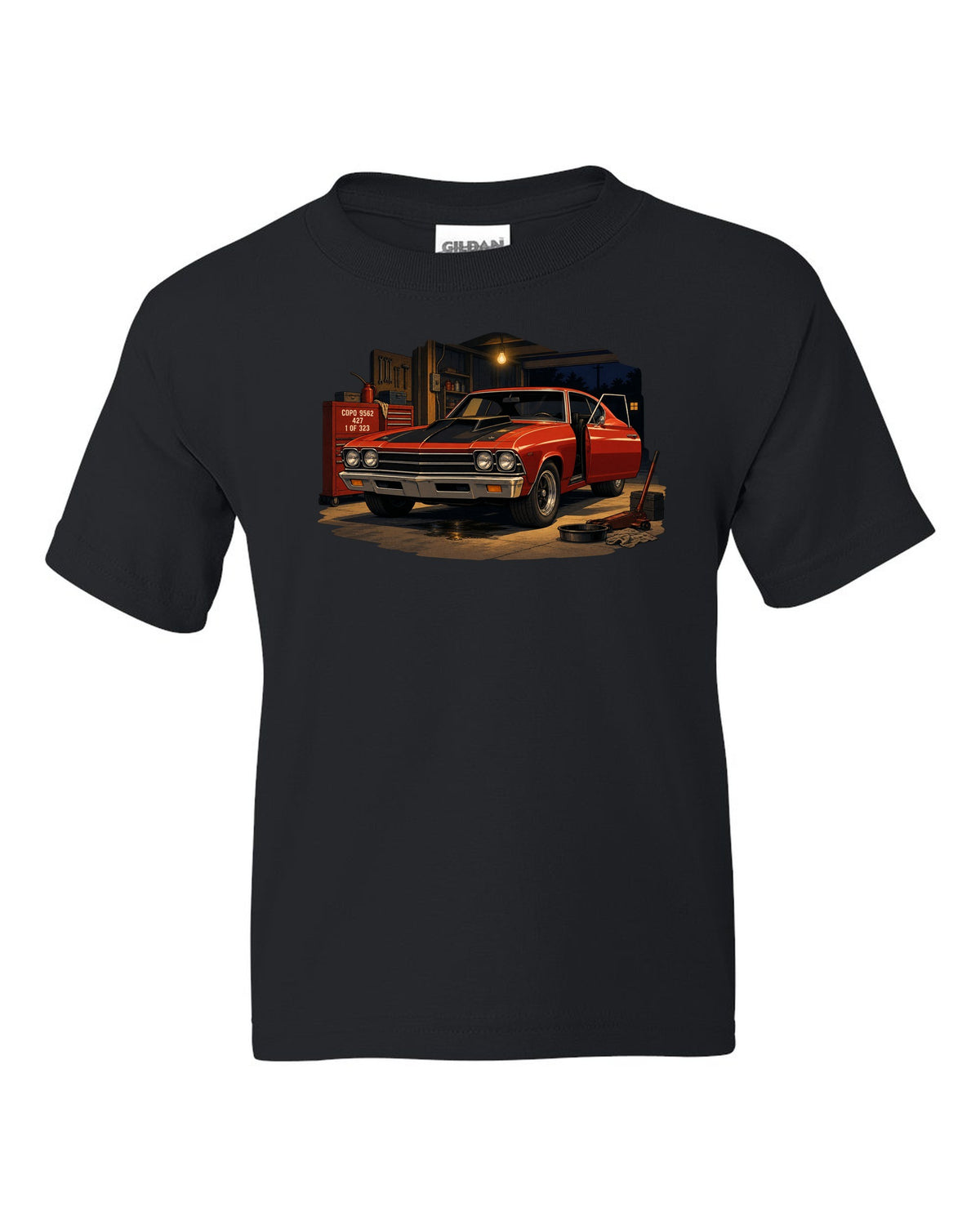 Cel-shaded anime print of a 1969 Chevelle COPO in a night garage with the text COPO 9562, 427, 1 of 323 black kids tee front view with the design