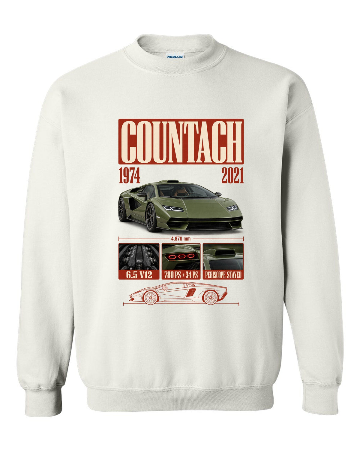 Lamborghini Countach LPI 800-4 archive panel print covering 1974 to 2021 with V12 specs white crewneck front view with the design