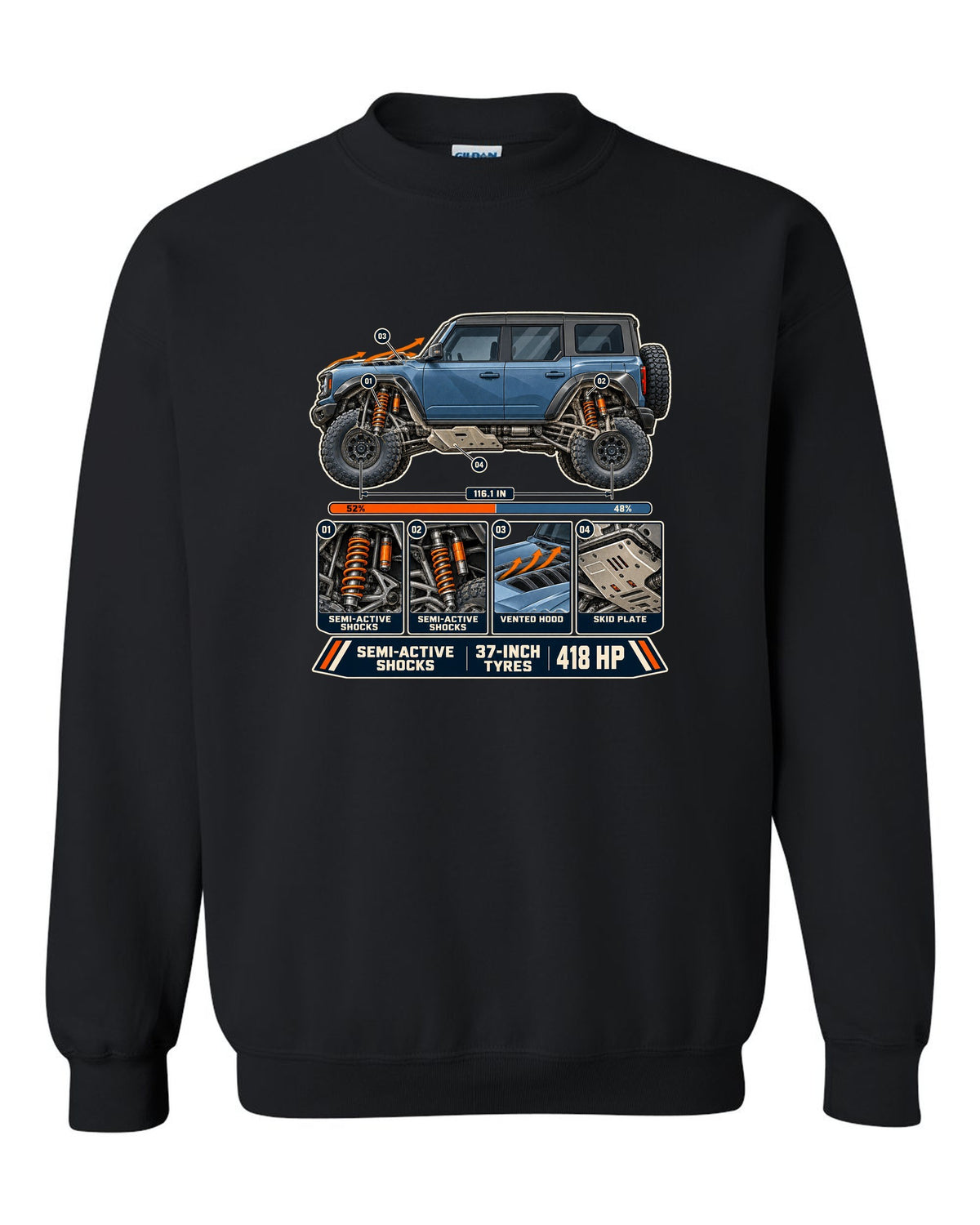 Ford Bronco Raptor suspension cutaway with callouts print black crewneck front view with the design