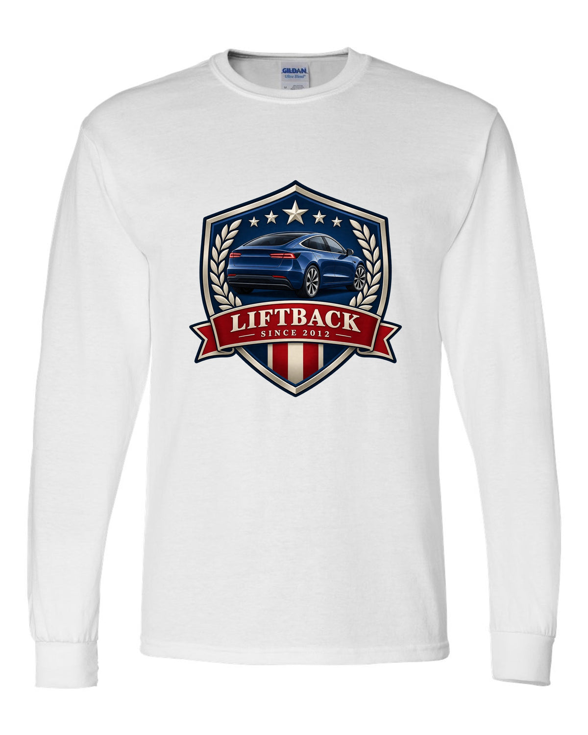 Original shield crest design of a 2021 Tesla Model S Plaid with the words Liftback Since 2012 white long sleeve front view with the design